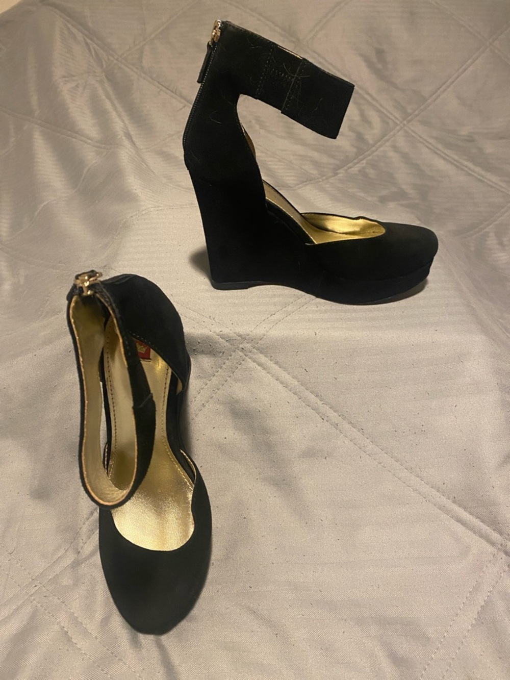 Elaine Turner Black Suede Wedge Ankle-Strap Heels Ladies Size 7 - Picture 2 of 6